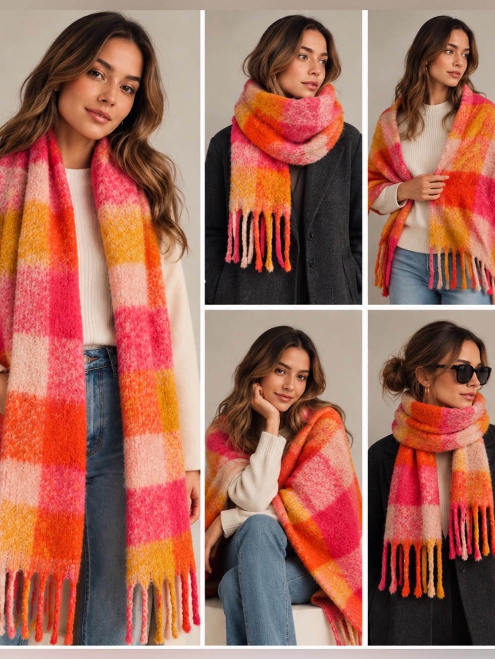 Anthropologie Pink Orange Plaid Oversized Blanket Scarf Wrap NWOT